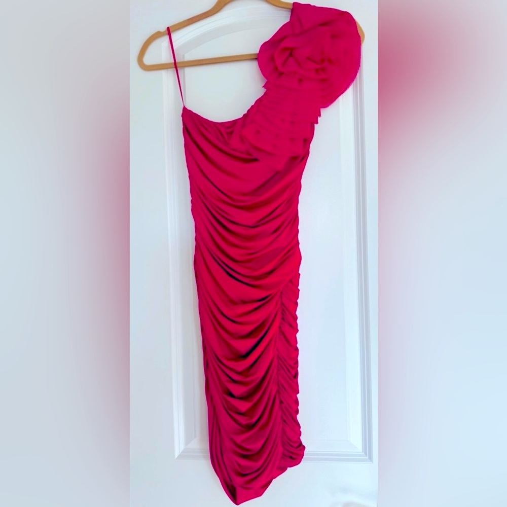 Arden B Hot Pink One Shoulder Cocktail Dress EUC Rosette Floral Ruched Y…